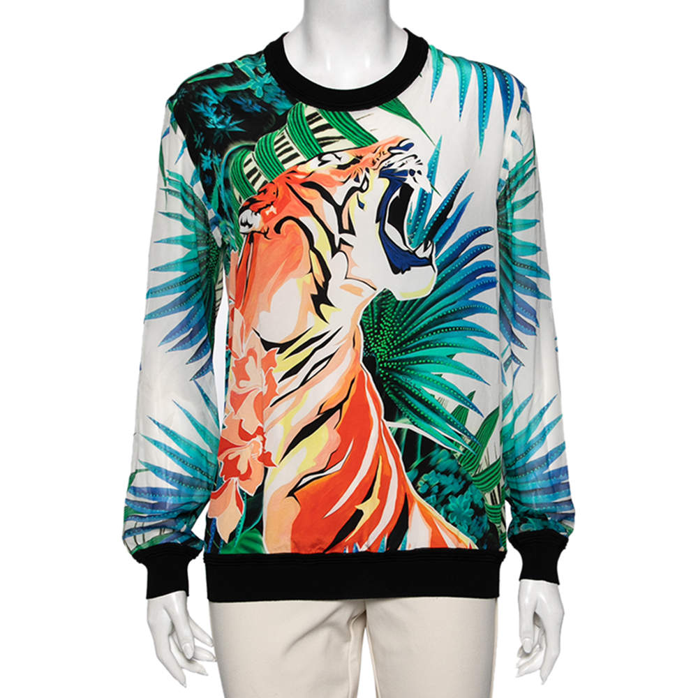 Pre Owned Roberto Cavalli Multicolor Printed Silk Long Sleeve T-Shirt M