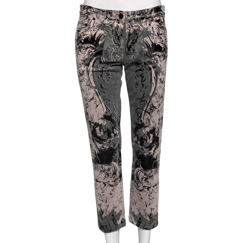 Pre Owned Roberto Cavalli Grey Printed Cotton Straight Pants M