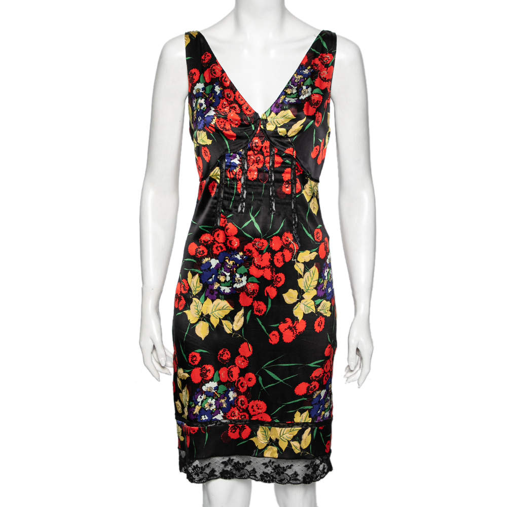 مملوكة مسبقًا Roberto Cavalli Black Floral Printed Silk Lace Panel Dress M