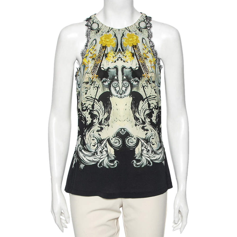 Pre Owned Roberto Cavalli Multicolored Printed Georgette Lace Trim Detailed Top M