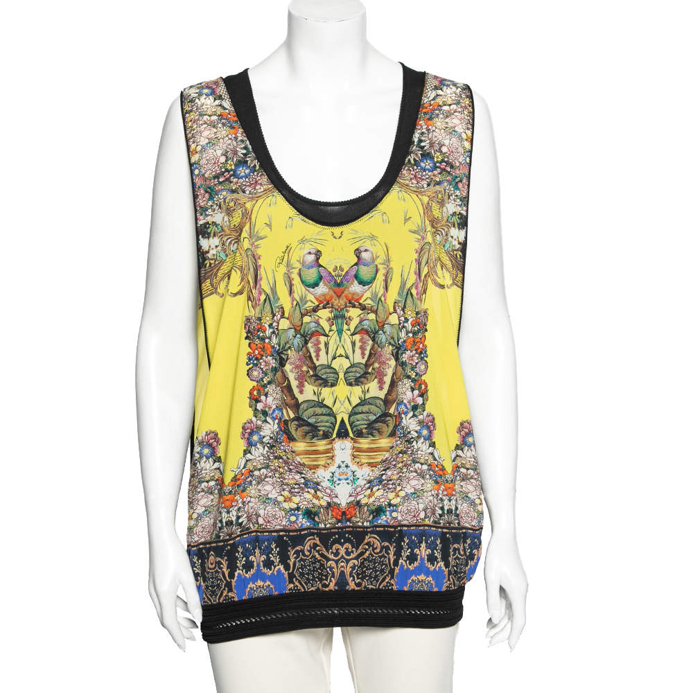 Pre Owned توب روبرتو كافالي تريكو وشيفون مطبوع أصفر طبقة علوية بلا أكمام مقاس متوسط (ميديوم)