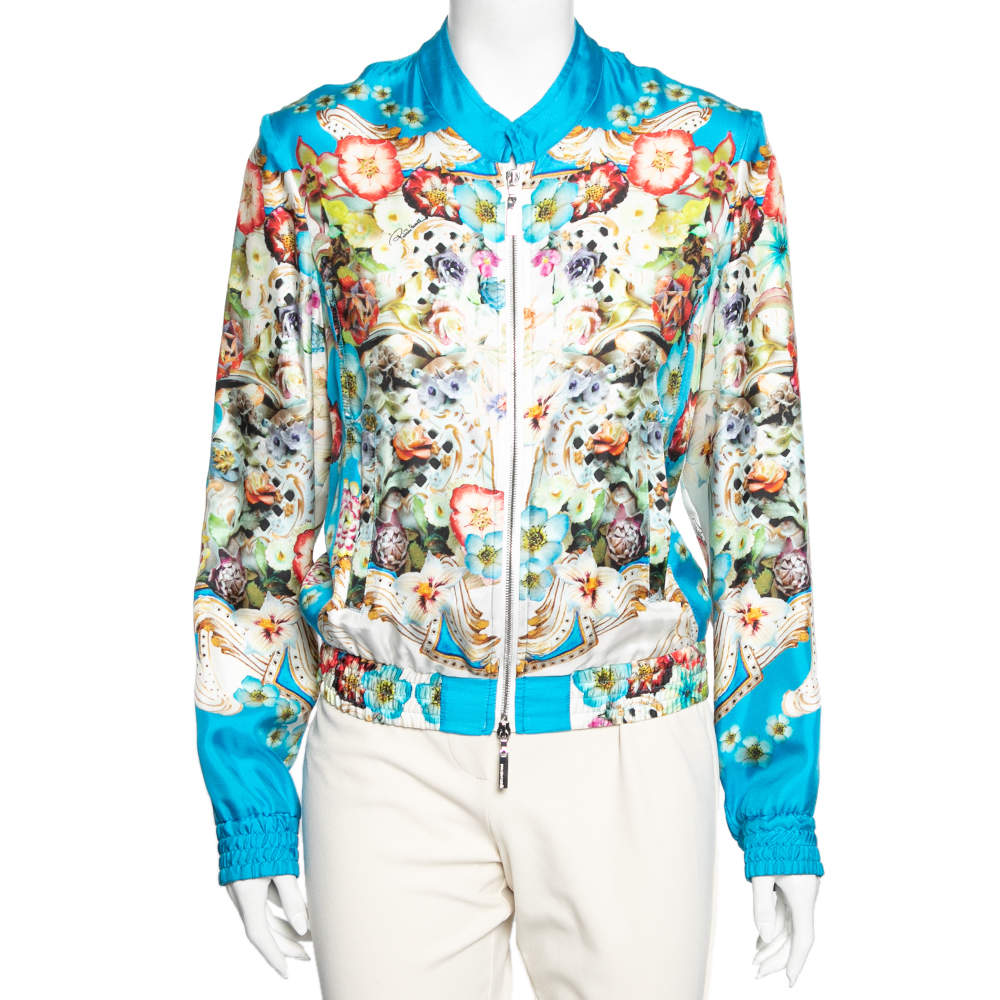 Pre Owned جاكيت روبرتو كافاللي حرير مطبوع مورد أزرق بسحاب أمامي مقاس وسط ( ميديوم )