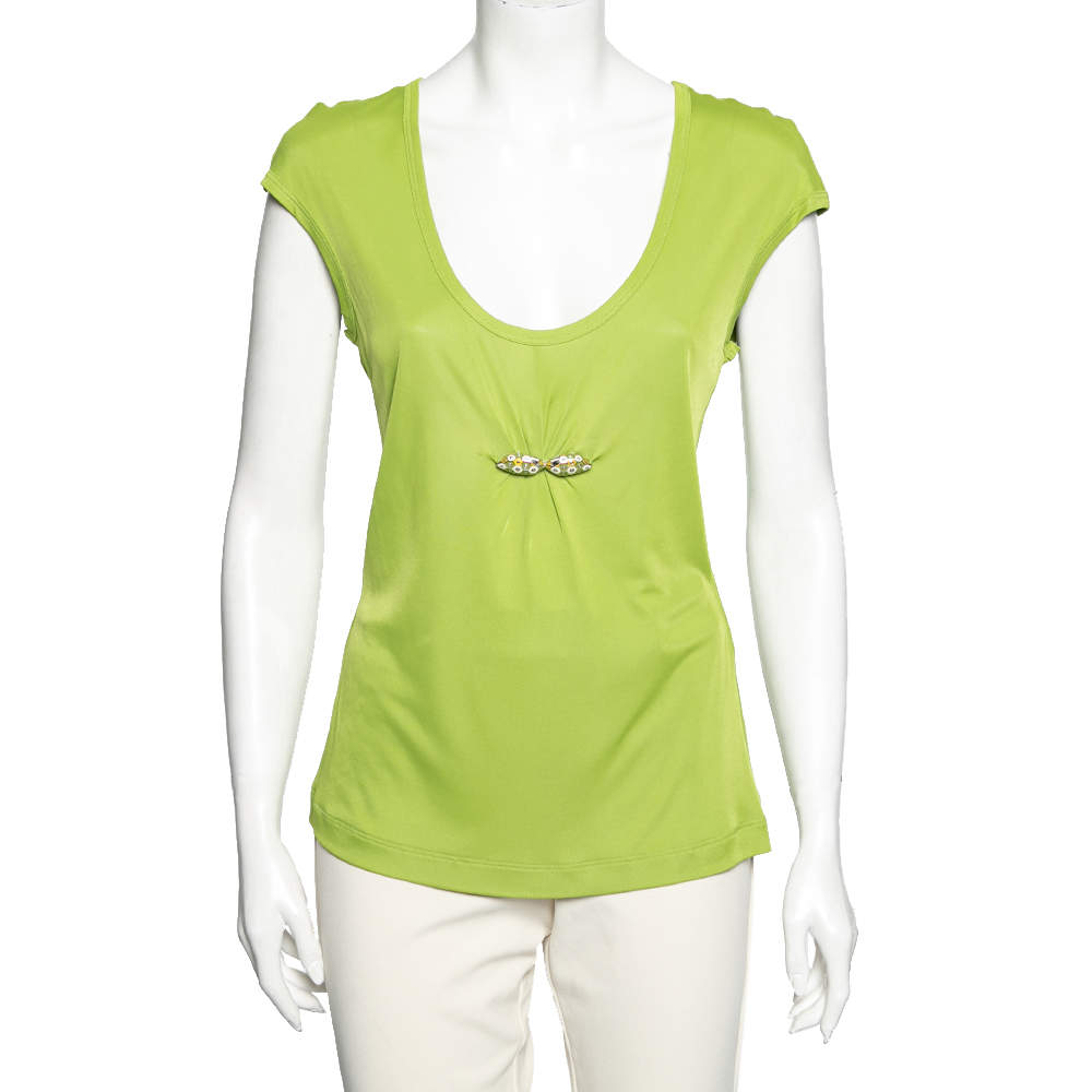 Pre Owned Roberto Cavalli Green Jersey Embellished Detailed Sleeveless Top M