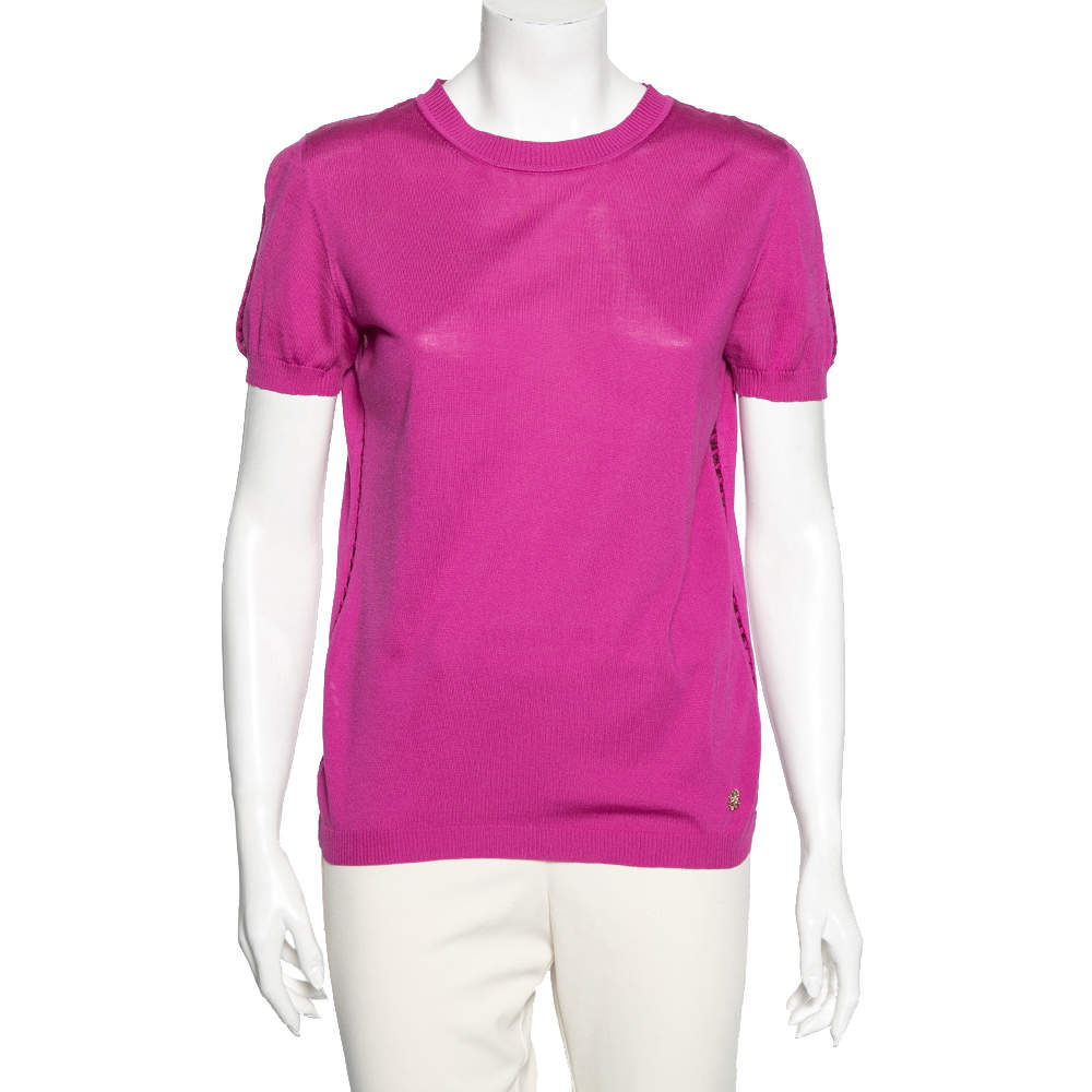 Pre Owned Roberto Cavalli Magenta Silk Knit Cut-Out Pattern Detailed Top M