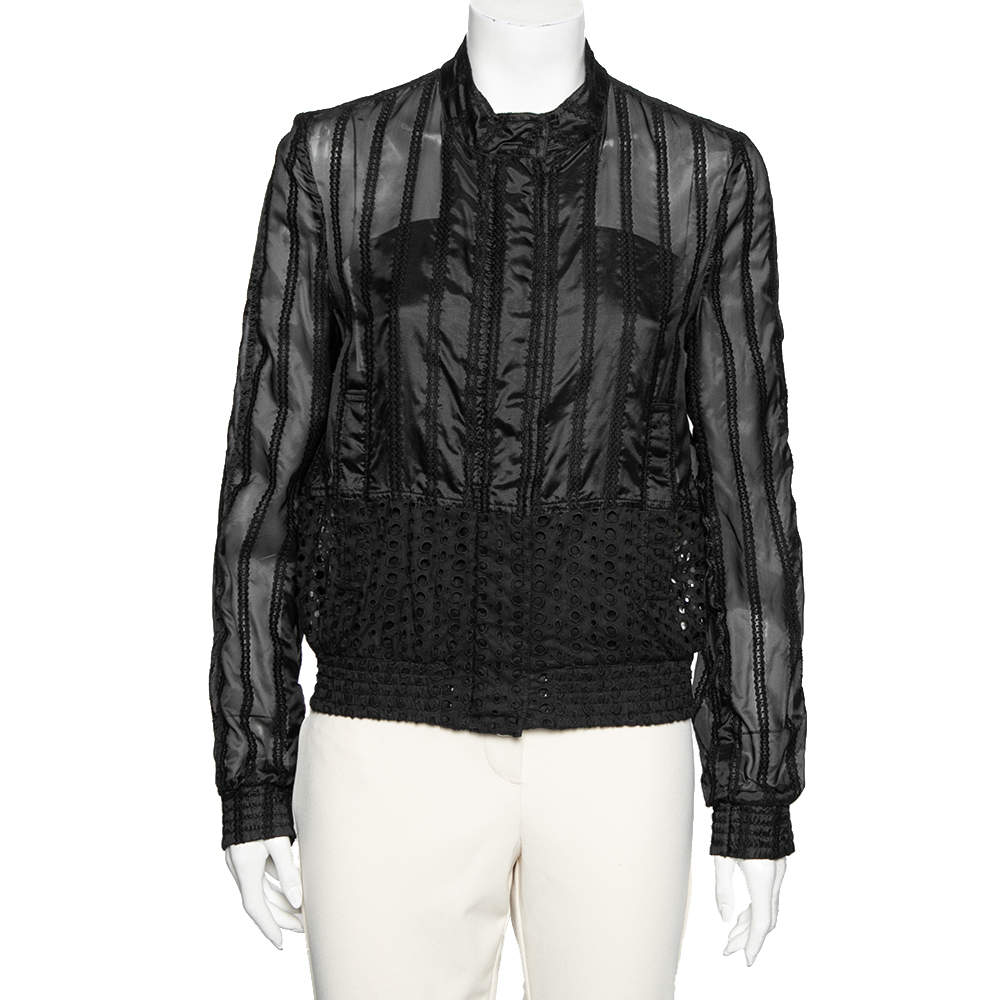 Pre Owned Roberto Cavalli Black Silk & Cutwork Cotton Zip Front Jacket M