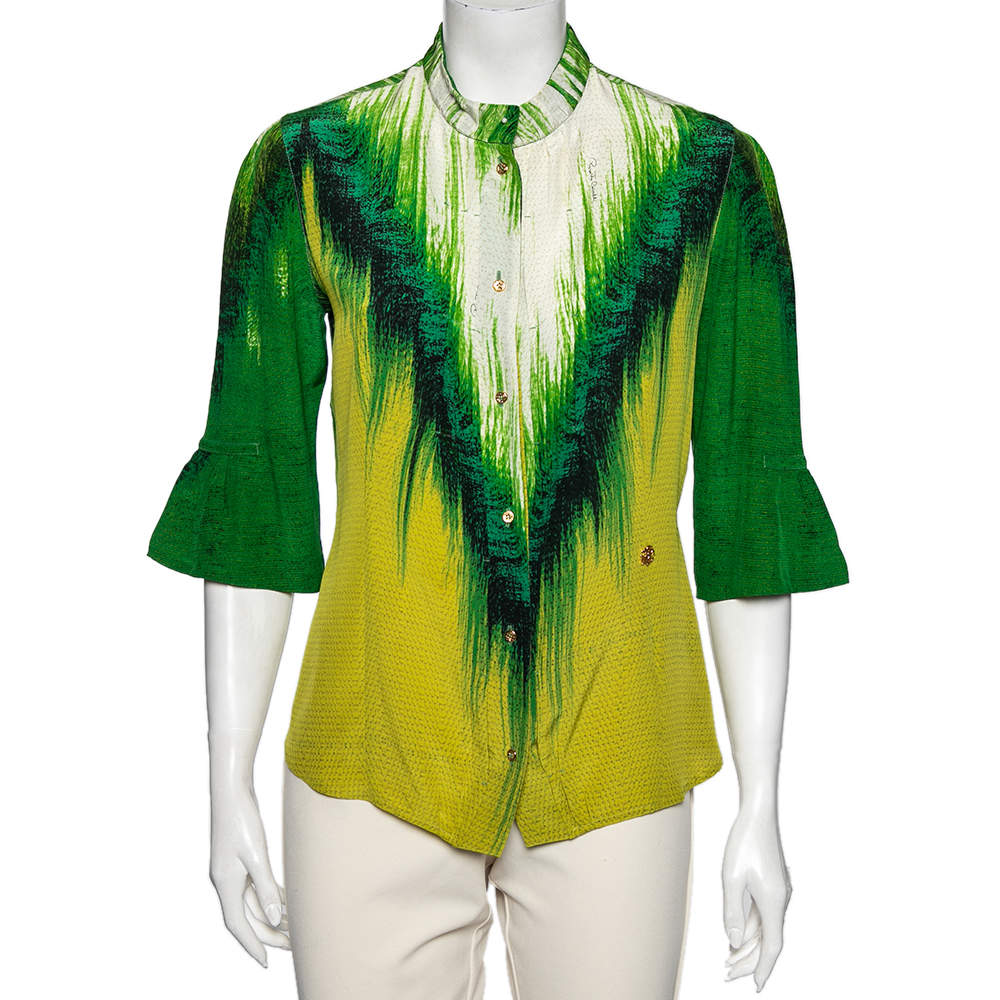 Pre Owned Roberto Cavalli Green Abstract Print Silk Blouse M