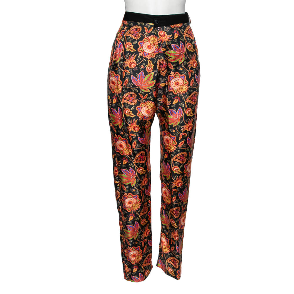 Pre Owned Roberto Cavalli Black Floral Printed Silk Trousers M
