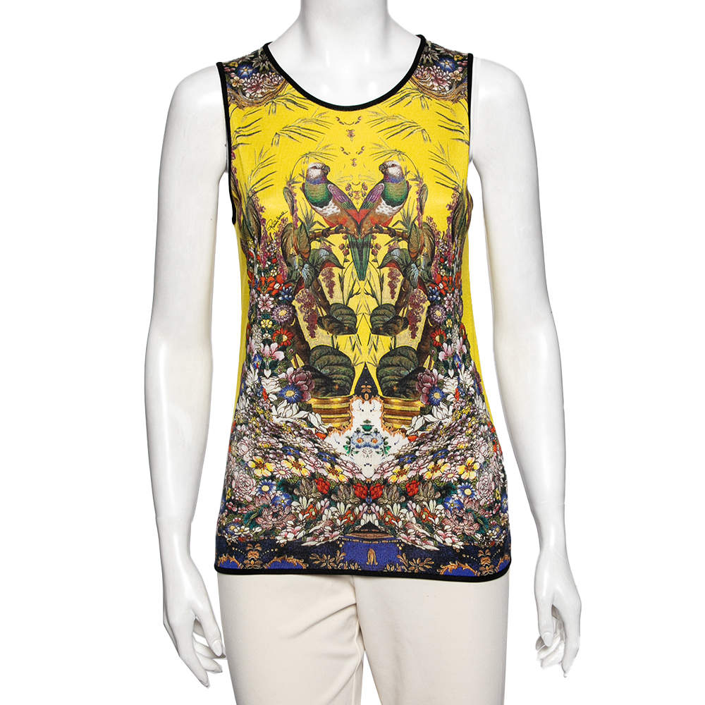 Pre Owned تانك توب روبرتو كافالي حرير أصفر مطبوع مقاس متوسط - ميديوم