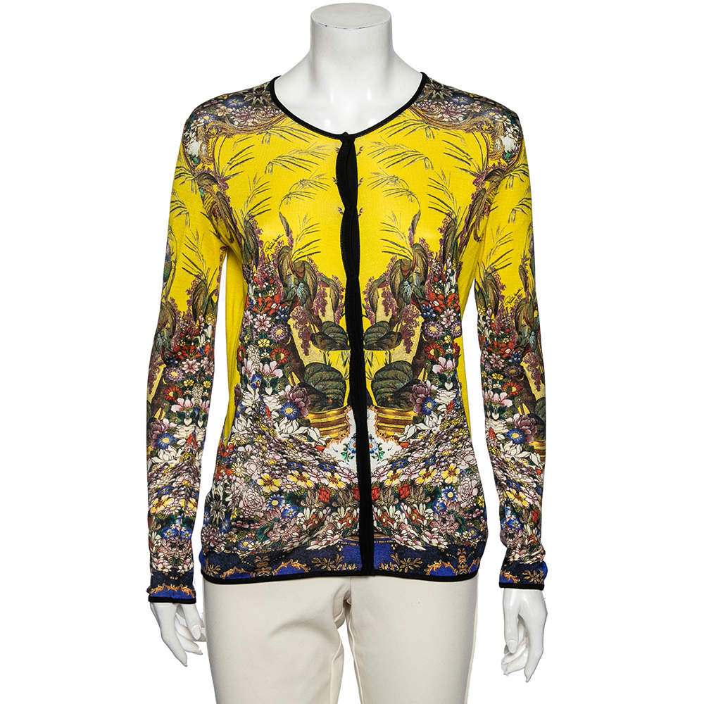 Pre Owned كارديغان روبرتو كافالي تريكو حرير مطبوع أصفر أزرار أمامية مقاس متوسط (ميديوم)