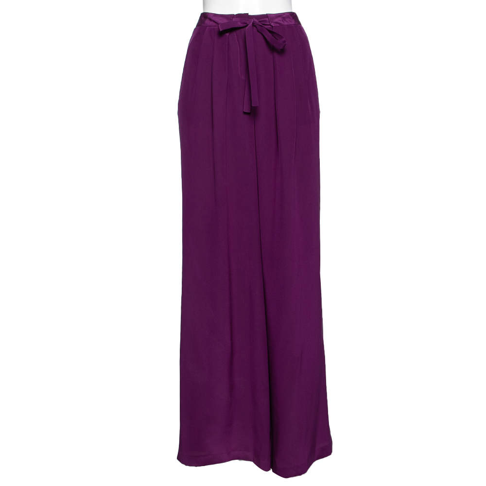 Pre Owned Roberto Cavalli Purple Silk Belted Palazzo Pants M