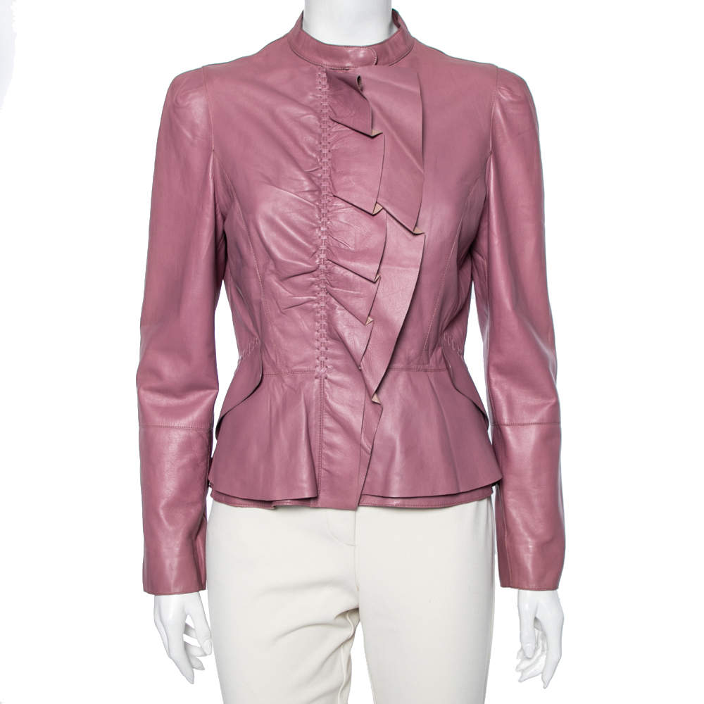 Pre Owned Roberto Cavalli Pink Leather Woven Trims Long Sleeve Jacket M