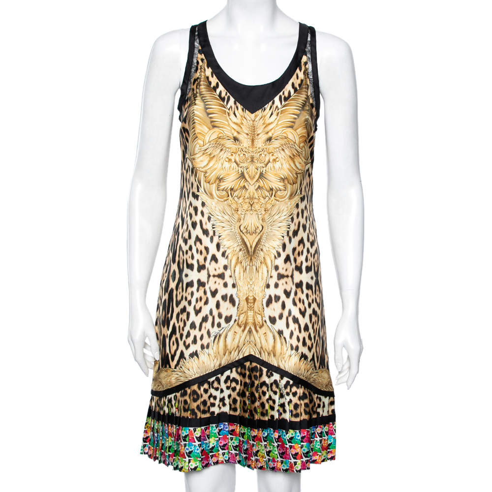 Pre Owned Roberto Cavalli Brown Leopard Printed Silk Pleated Hem Dress M