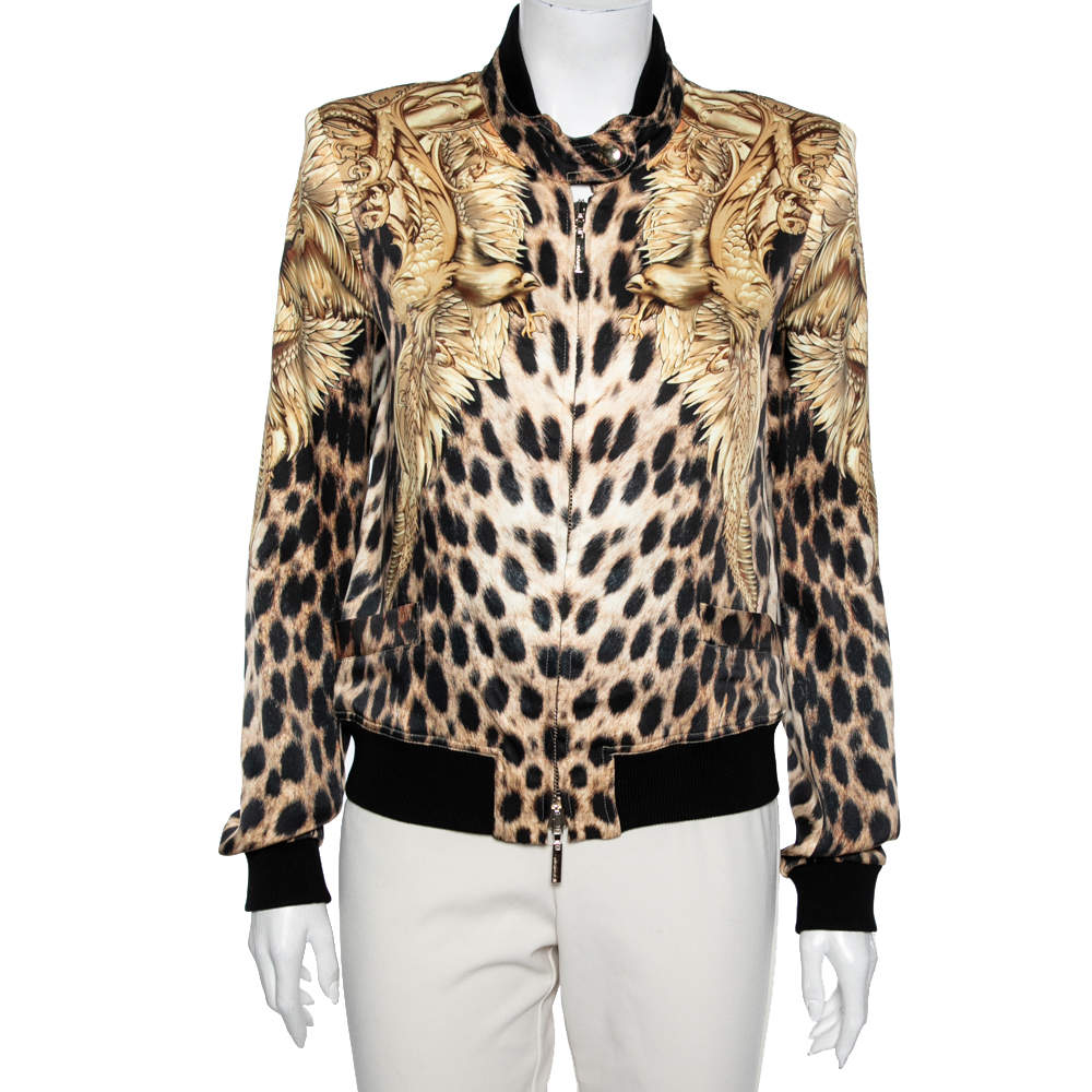 Pre Owned Roberto Cavalli Brown Printed Silk Bomber Jacket M