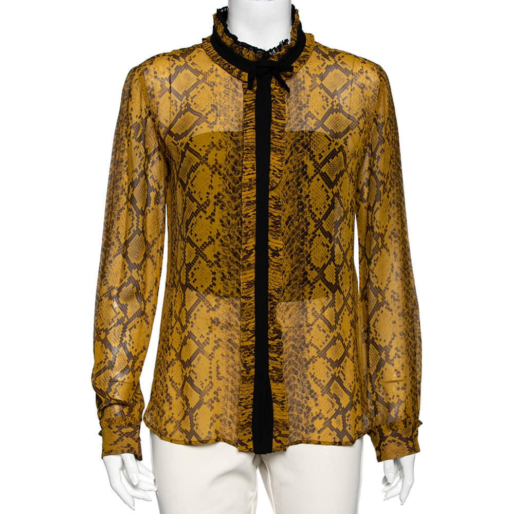 مملوكة مسبقًا Roberto Cavalli Mustard Yellow Python Print Silk Ruffle Detail Front Shirt M