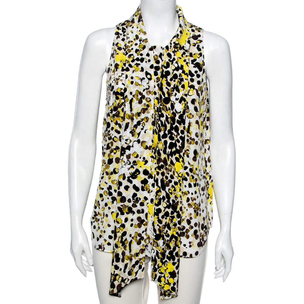 Pre Owned Roberto Cavalli Multicolored Printed Silk Neck Tie Detail Blouse M