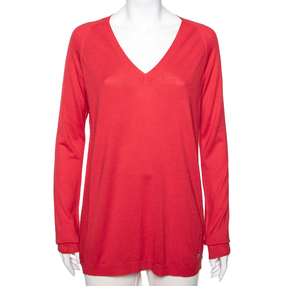 Pre Owned Roberto Cavalli Pink Silk & Cashmere Paneled Long Sleeve Sweater M