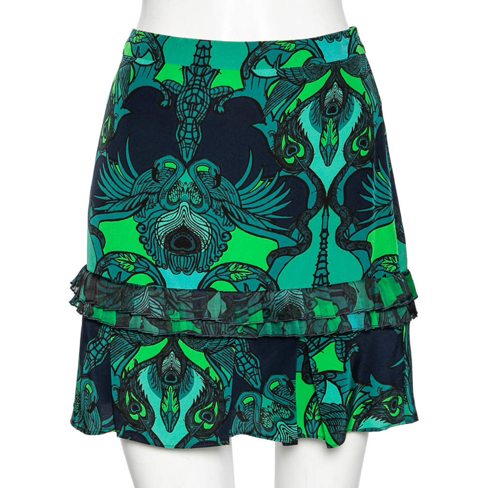 مملوكة مسبقًا Roberto Cavalli Blue & Green Animal Print Ruffled Mini Skirt M