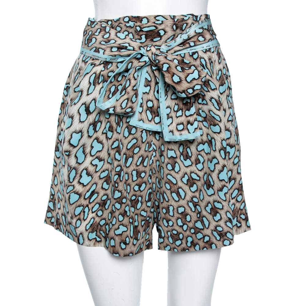 Pre Owned Roberto Cavalli Brown & Blue Animal Print Silk Faux Wrap Shorts M