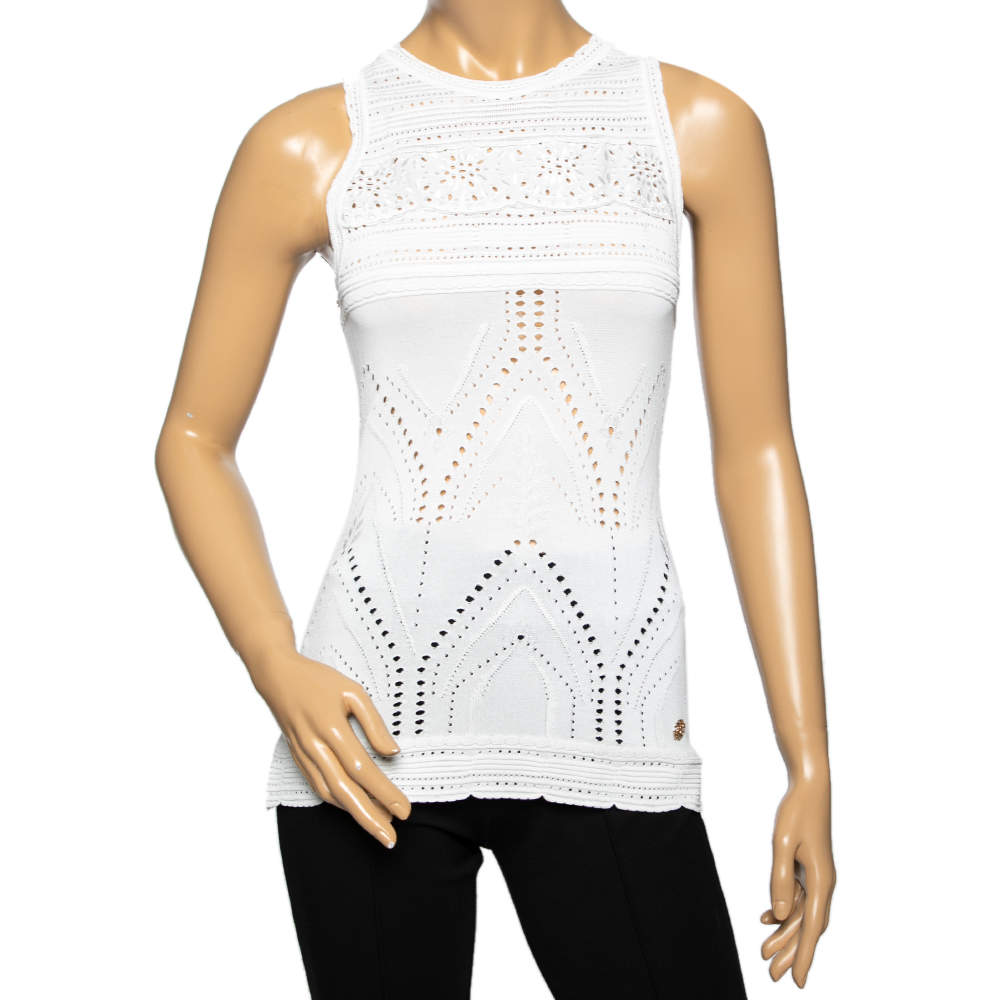 Pre Owned Roberto Cavalli White Perforated Textured Lace Knit Sleeveless Top M