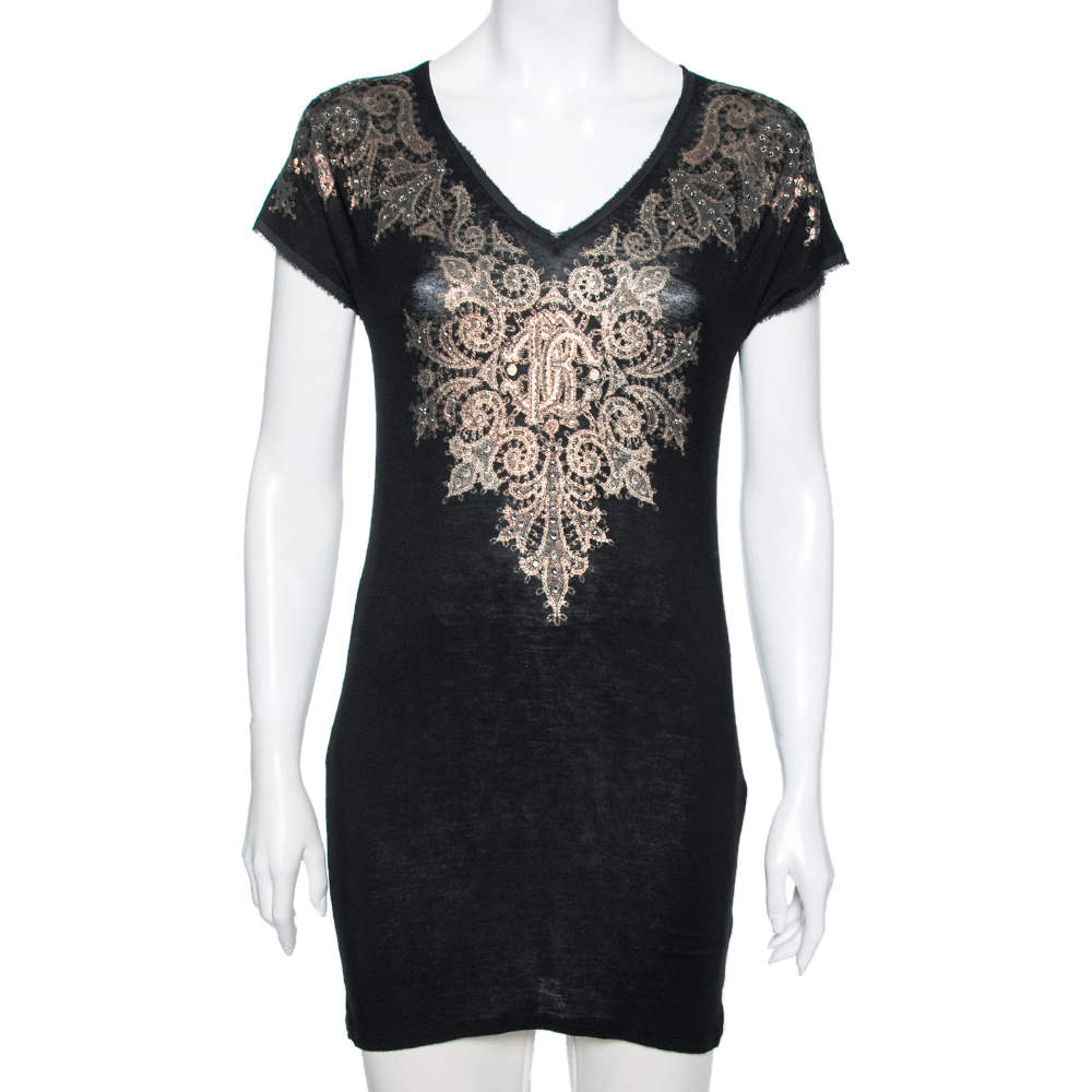 Pre Owned Roberto Cavalli Black Brocade Printed Jersey Crystal Embellished Cap Sleeve Top M