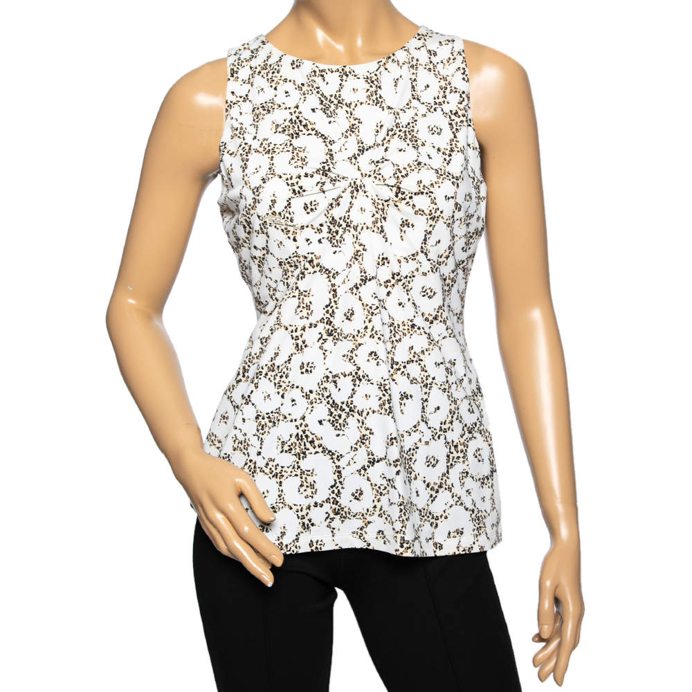 Pre Owned Roberto Cavalli White Leopard Printed Nylon Pleated Sleeveless Top M