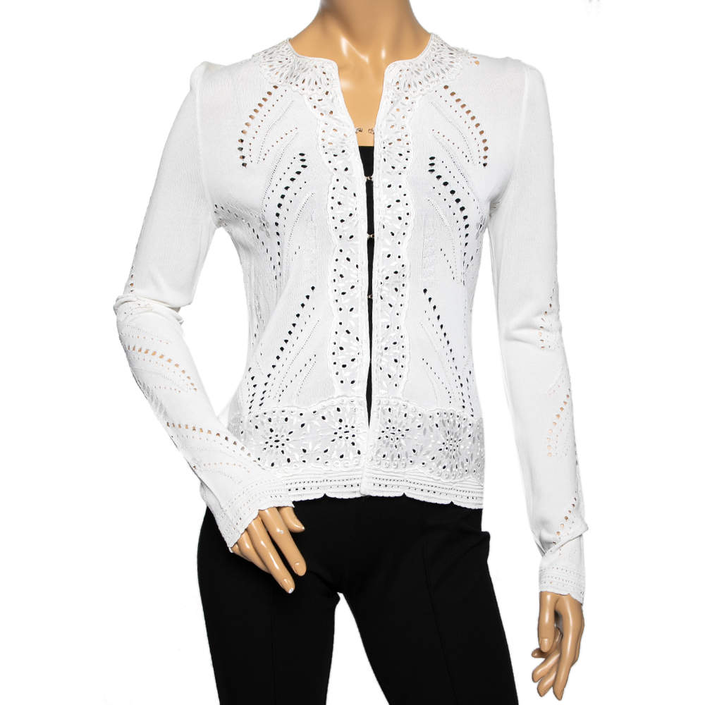 Pre Owned Roberto Cavalli White Perforated Knit & Embroidered Cotton Hook Front Shrug M