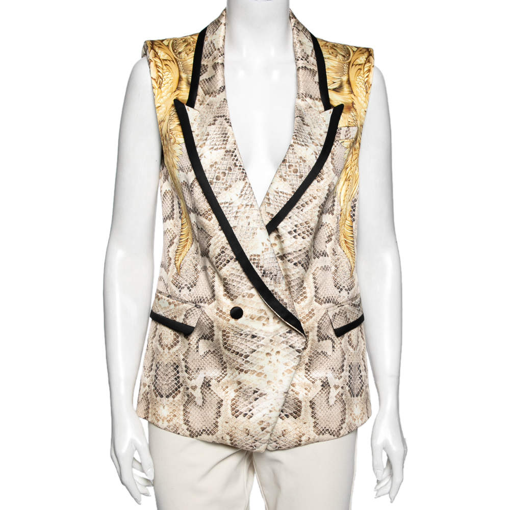 Pre Owned Roberto Cavalli Brown Python Print Silk Blazer M