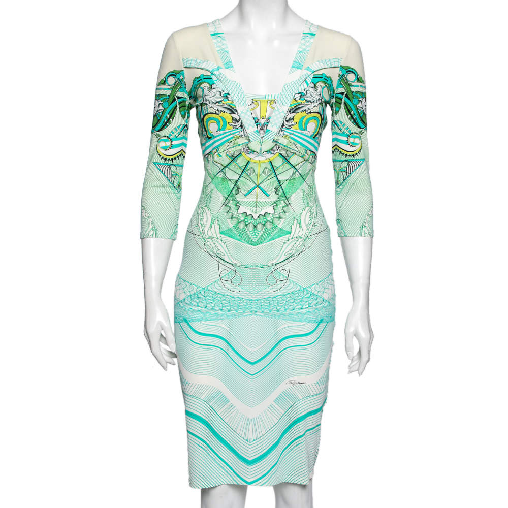 Pre Owned Roberto Cavalli Green Printed Jersey Dress M