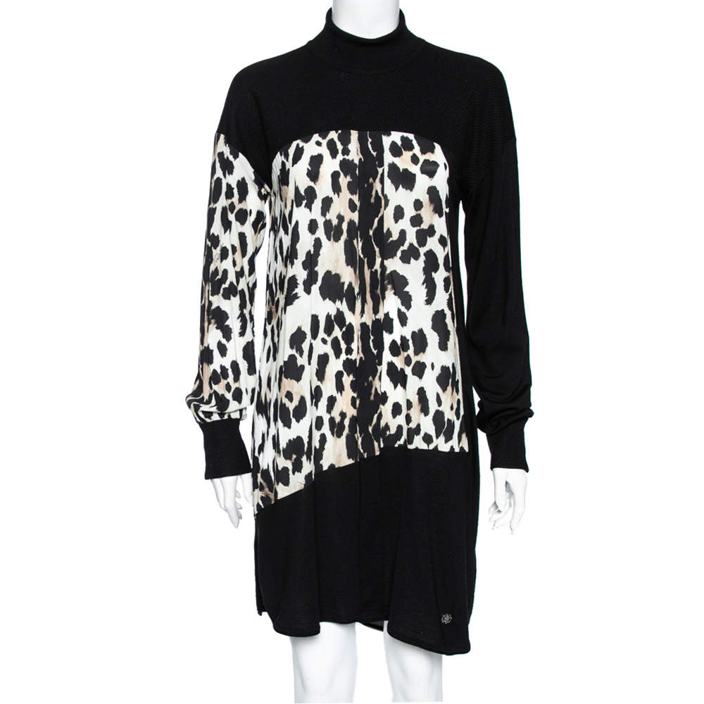 Pre Owned فستان روبرتو كافالي حرير وصوف بنقشة الفهد أسود وبني بعنق مستدير مقاس متوسط - ميديوم