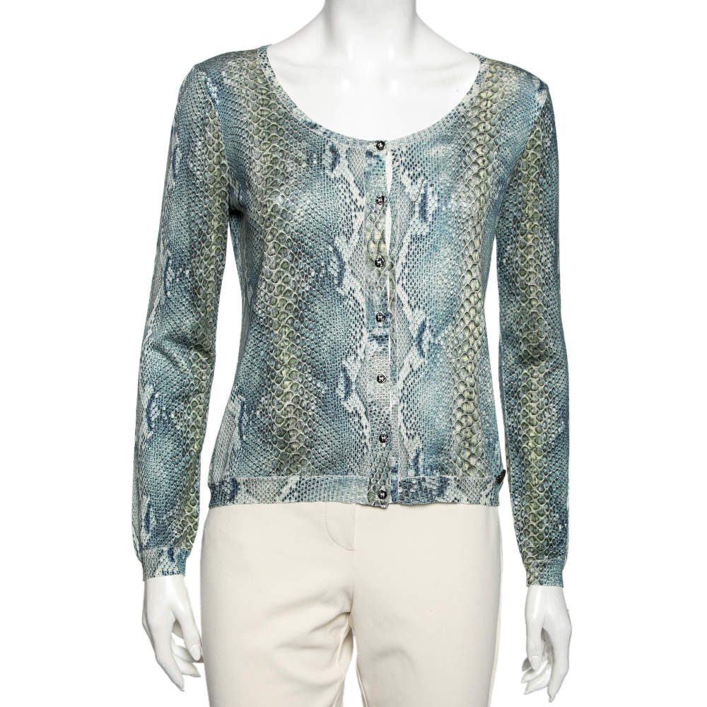Pre Owned Roberto Cavalli Blue and Green Python Print Knit Sweater M