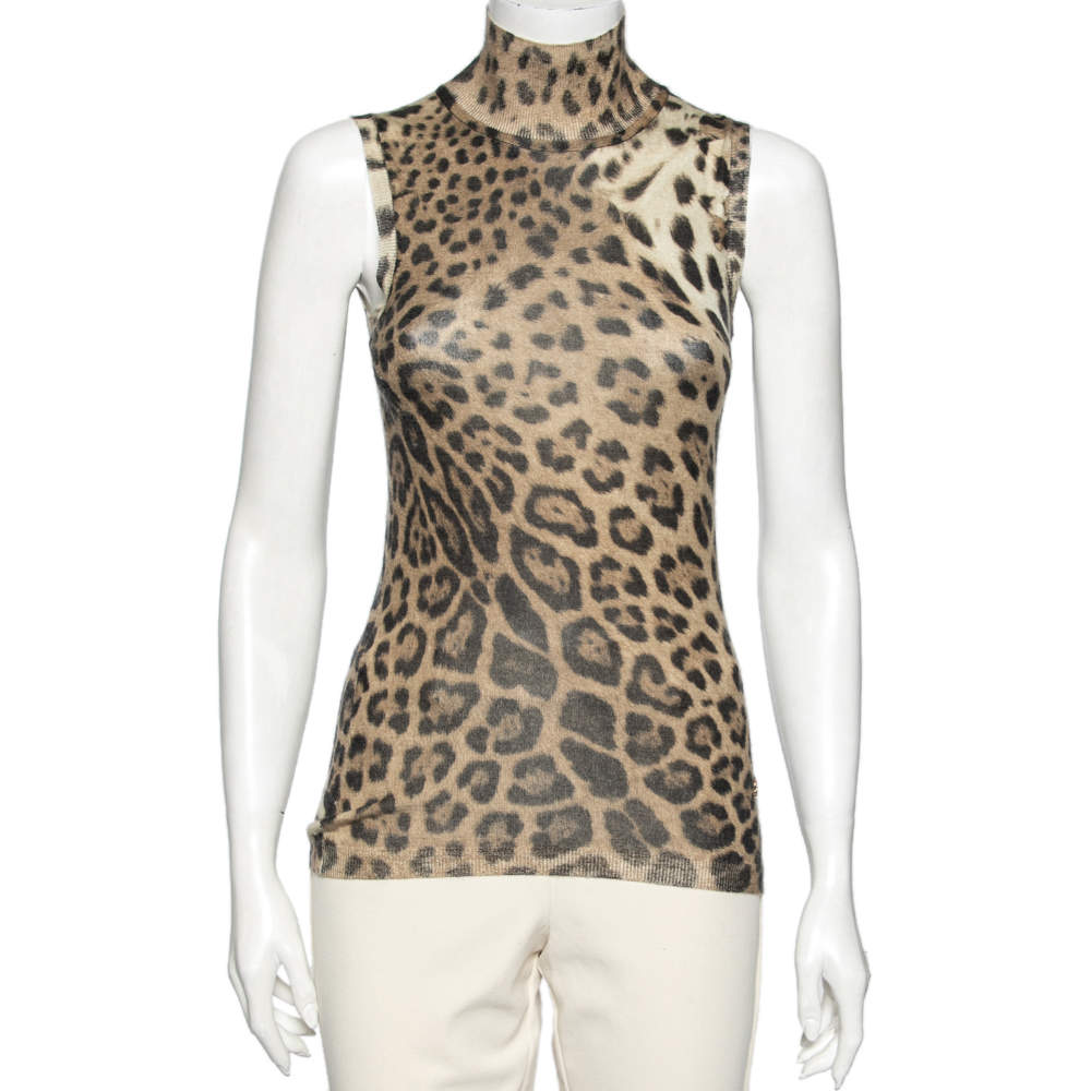 Pre Owned توب روبرتو كافالي حرير بنقشة الفهد بني بلا أكمام وبياقة مستديرة مقاس صغير - سمول