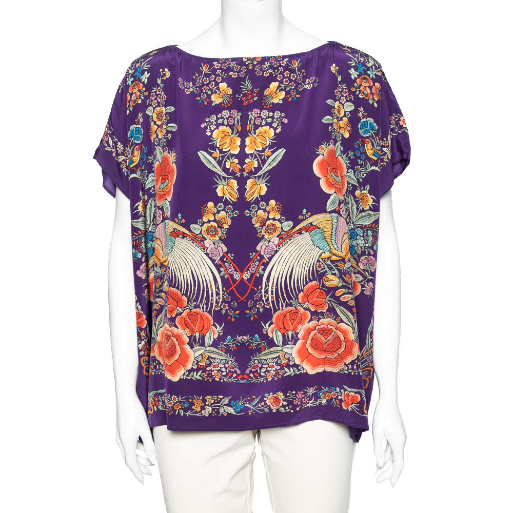 Pre Owned Roberto Cavalli Purple Floral Printed Silk Kaftan Top S