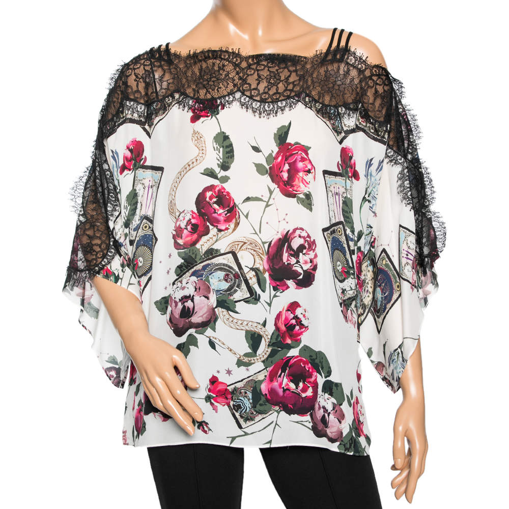 Pre Owned Roberto Cavalli White Floral Printed Silk Lace Trim Blouse M