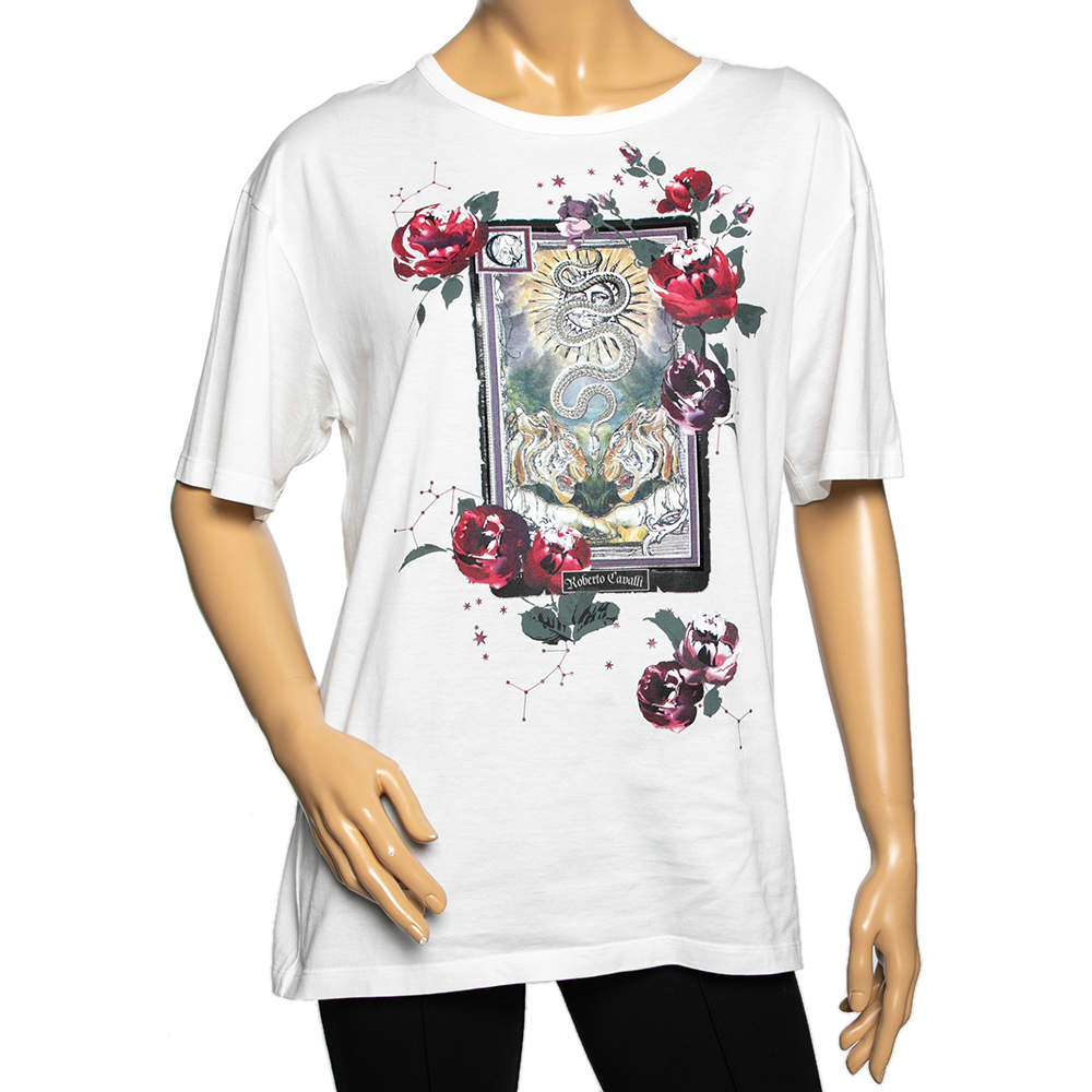 Pre Owned توب روبرتو كافالي قطن أبيض مطبوع مقاس صغير - سمول