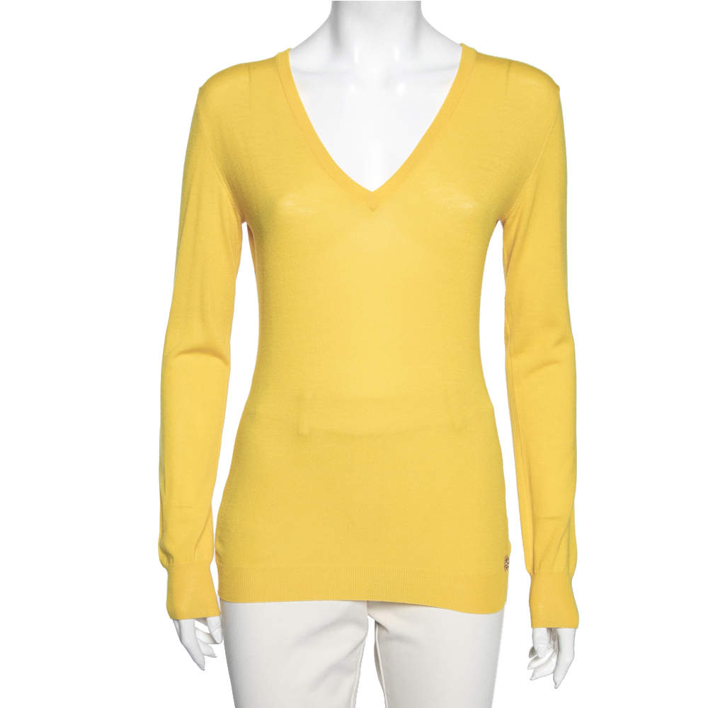 Pre Owned توب روبرتو كافالي صوف أصفر رقبة حرف ڨي مقاس متوسط (ميديوم)