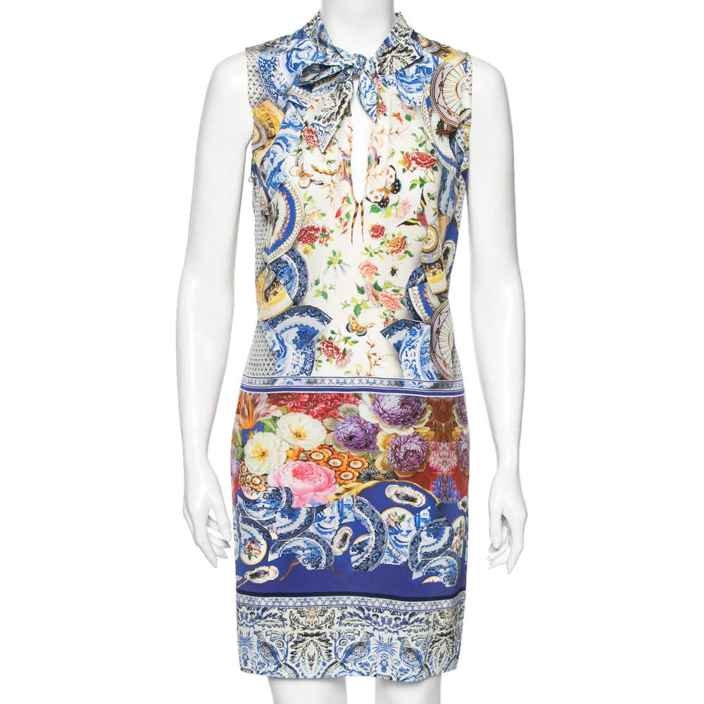 Pre Owned فستان روبرتو كافالي قماش مطبوع متعدد الألوان مزين بفيونكة أمامية وبلا أكمام مقاس متوسط - ميديوم