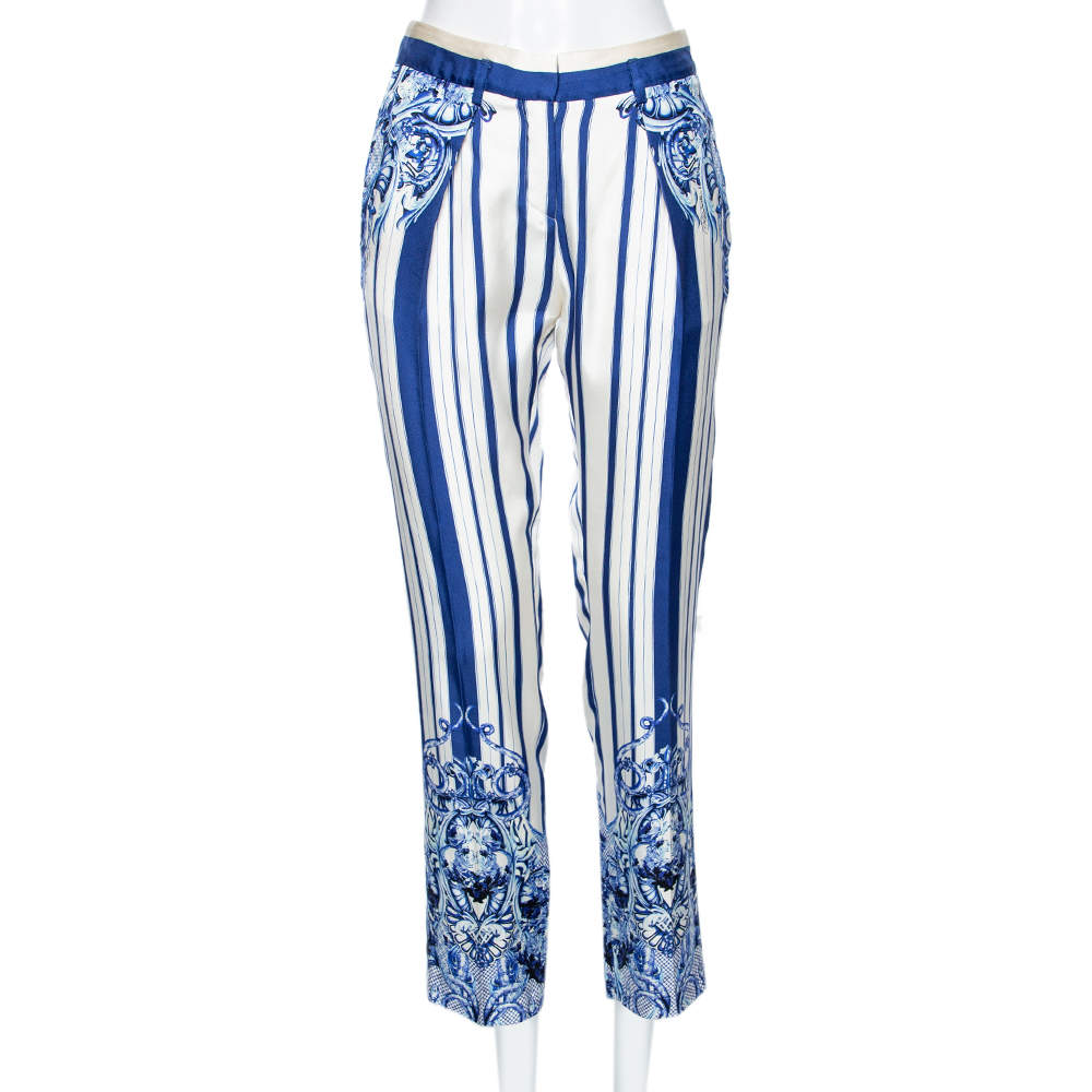 Pre Owned Roberto Cavalli White and Blue Printed Silk Trouser M