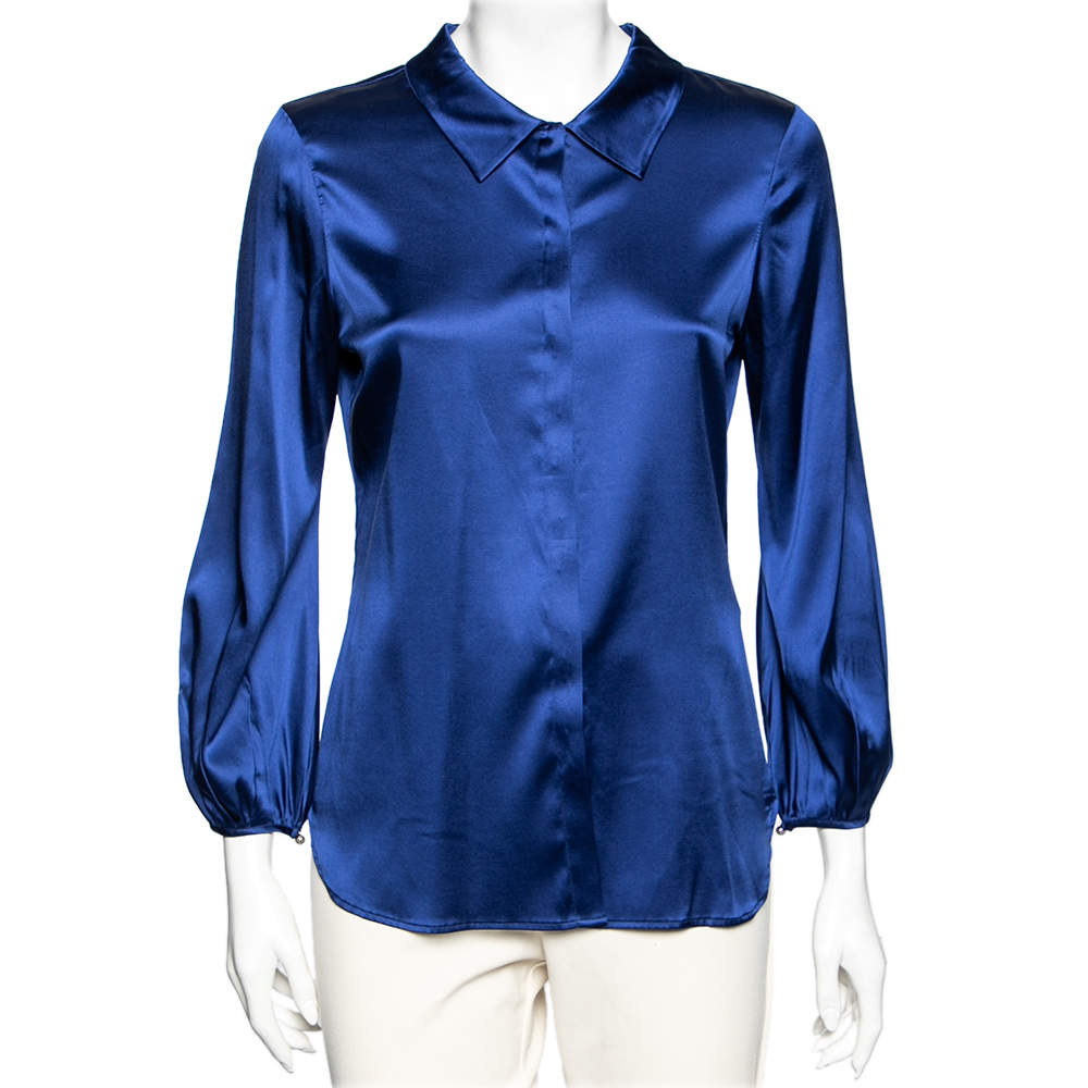 Pre Owned قميص روبرتو كافالي أزرق حرير سترتش بأزرار أمامية مقاس متوسط - ميديوم