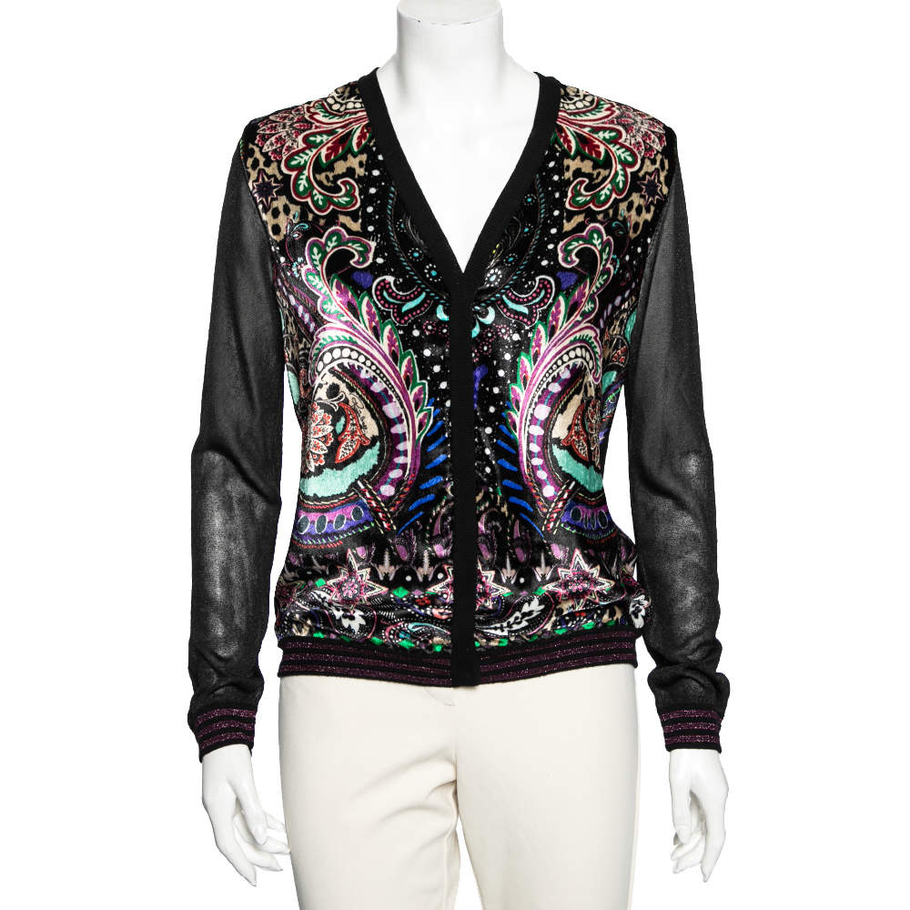 Pre Owned Roberto Cavalli Black Printed Velour & Knit Button Front Cardigan M