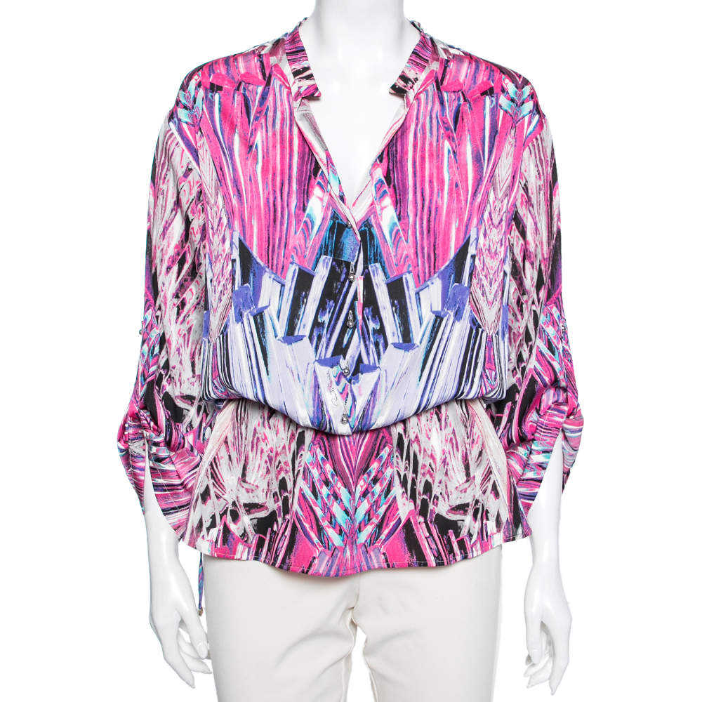 Pre Owned بلوزة روبرتو كافالي حرير مرن بطبعة وردي مزينة برباط مقاس متوسط - ميديوم