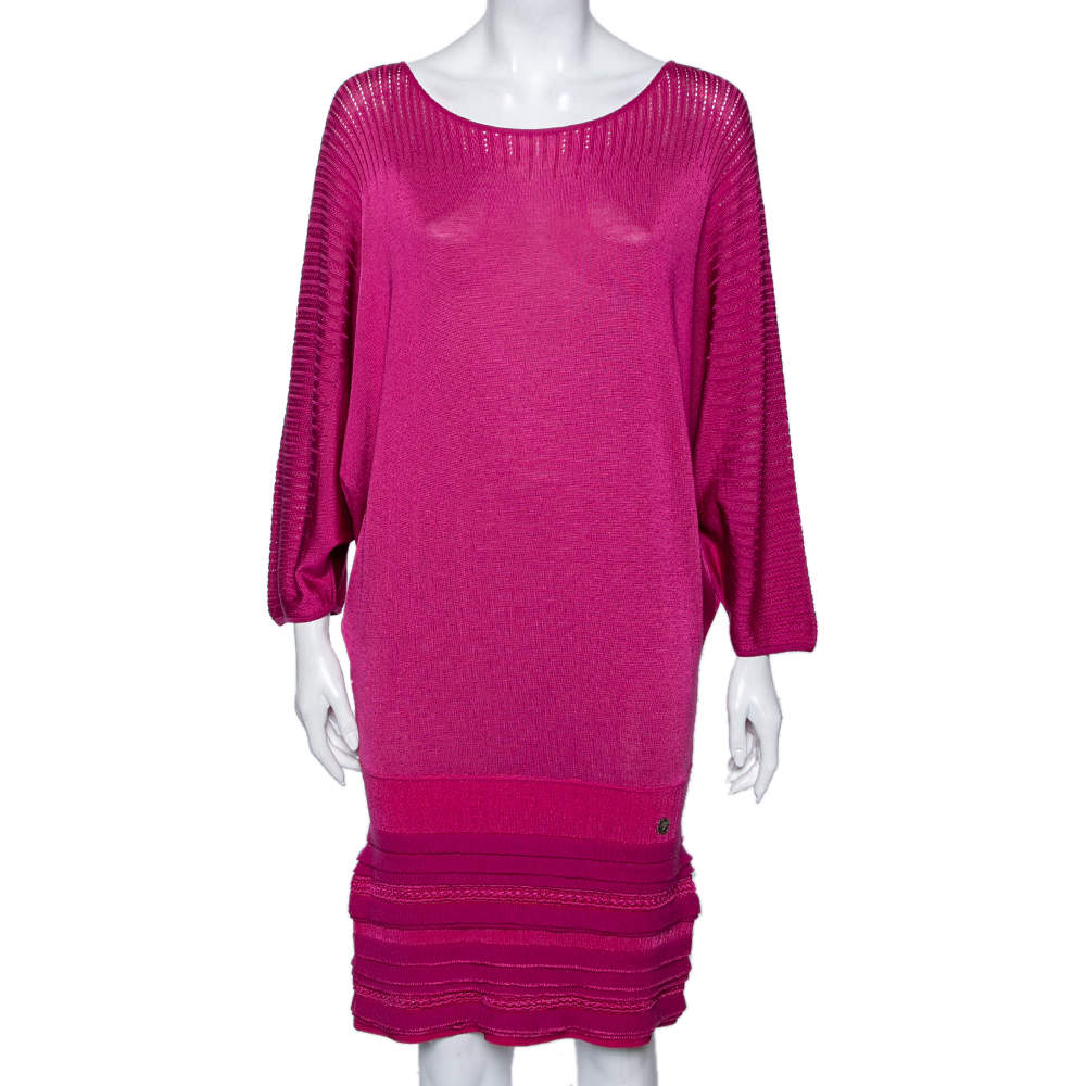 Pre Owned Roberto Cavalli Fuchsia Patterned Wool Knit Draped Mini Dress M 