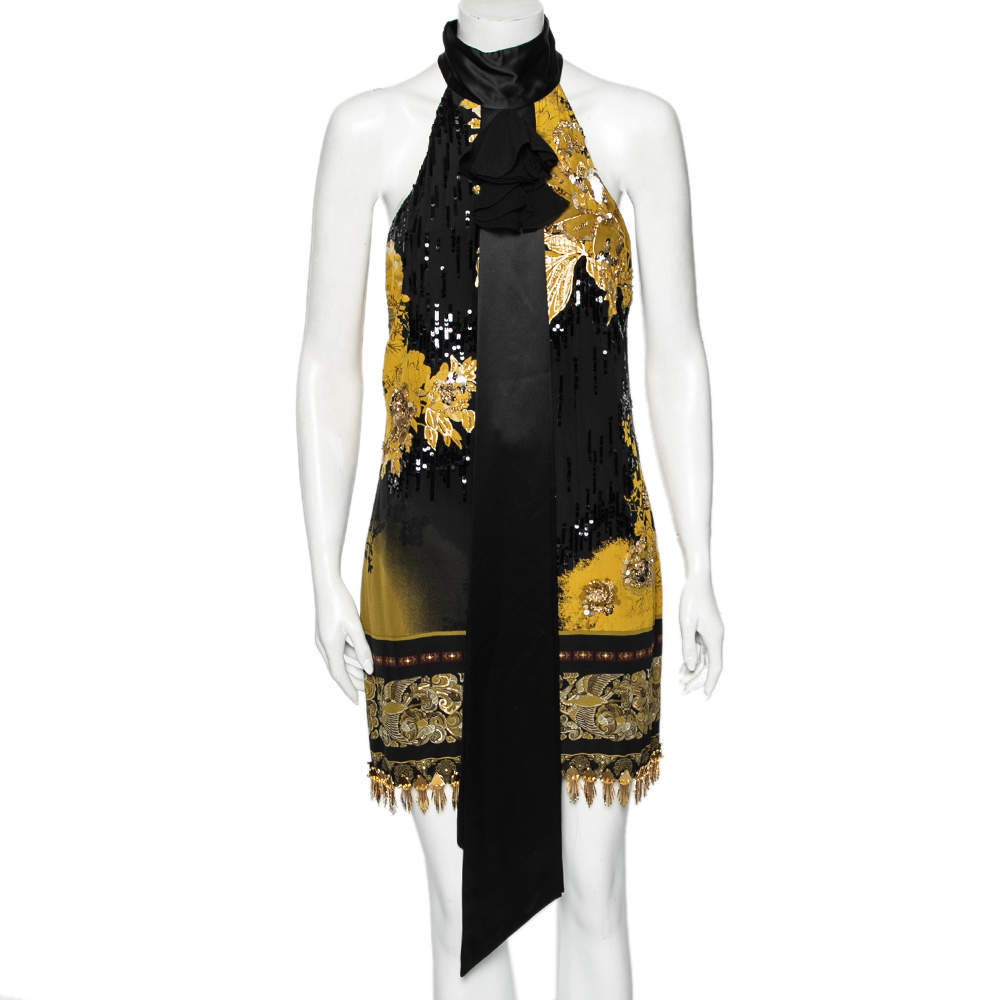 مملوكة مسبقًا Roberto Cavalli Black & Yellow Printed Silk & Satin Trimmed Embellished Dress M
