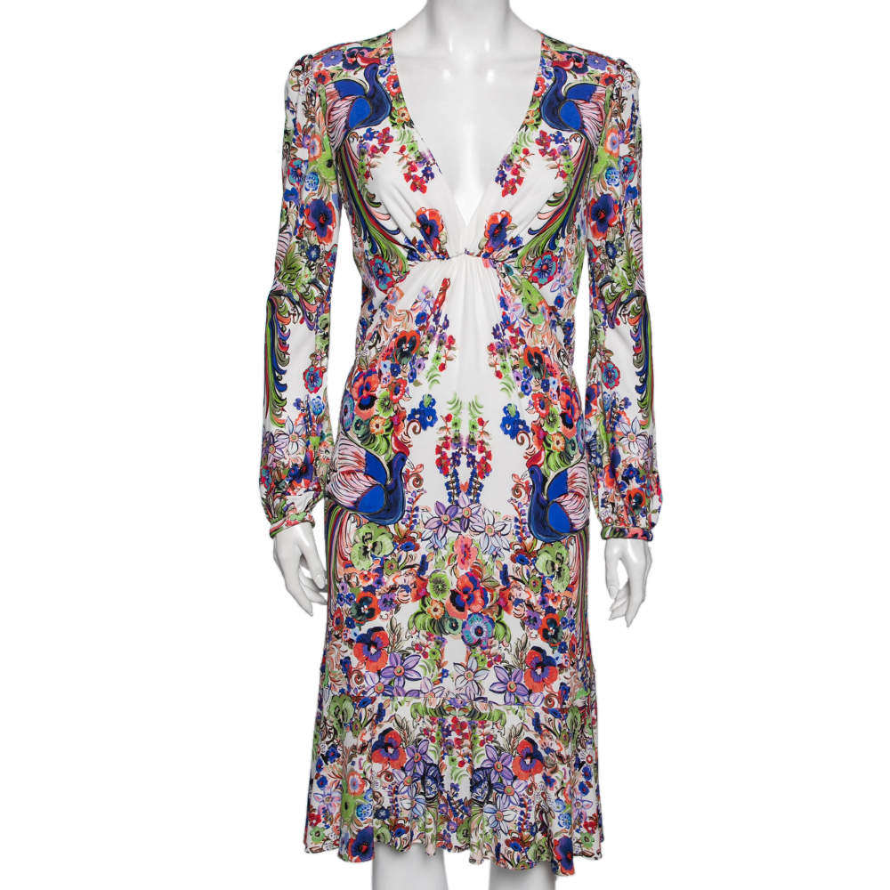 Pre Owned Roberto Cavalli Multicolor Floral Printed Jersey Pleated Front V Neck Dress M