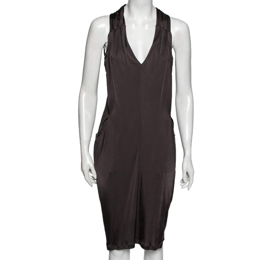 Pre Owned Roberto Cavalli Grey Jersey Gathered Plunging Neck Dress M