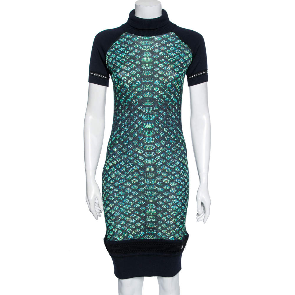 Pre Owned Roberto Cavalli Multicolor Printed Jersey & Wool Knit Turtle Neck Midi Dress M