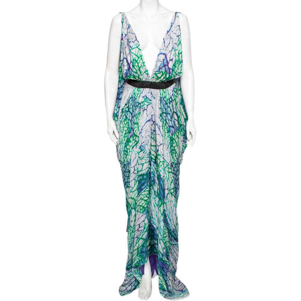 مملوكة مسبقًا Roberto Cavalli Multicolor Printed Silk Plunging Neck Kaftan Maxi Dress M