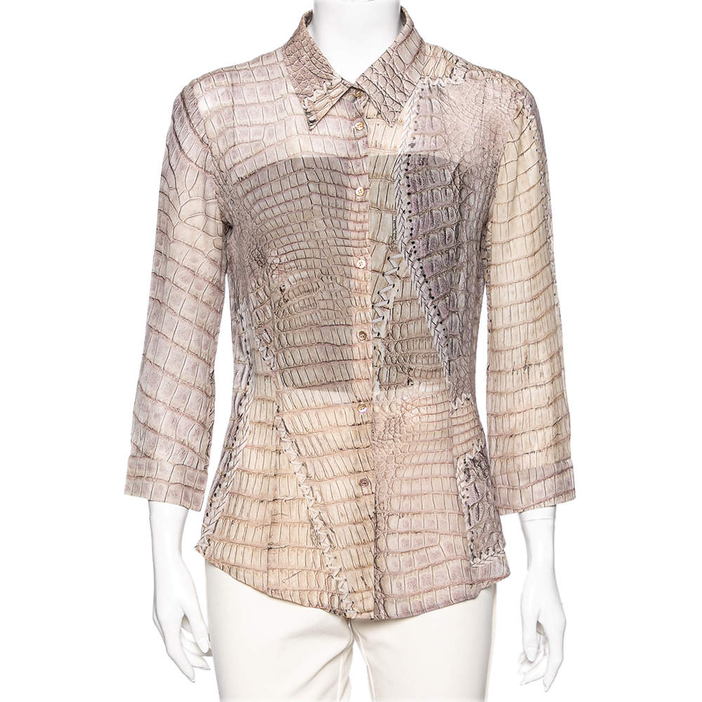 Pre Owned قميص روبرتو كافالي حرير بيج مطبوع بأزرار أمامية مقاس متوسط - ميديوم