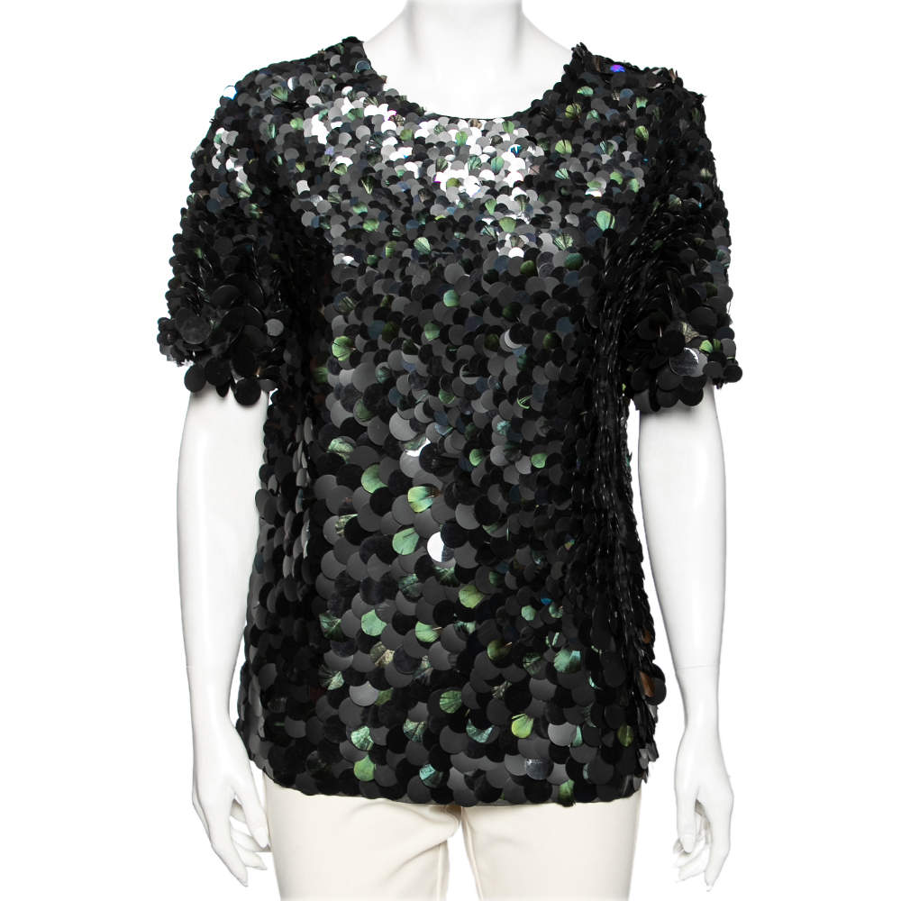 Roberto Cavalli Two Toned Paillette & Feather Embellished Silk Top M