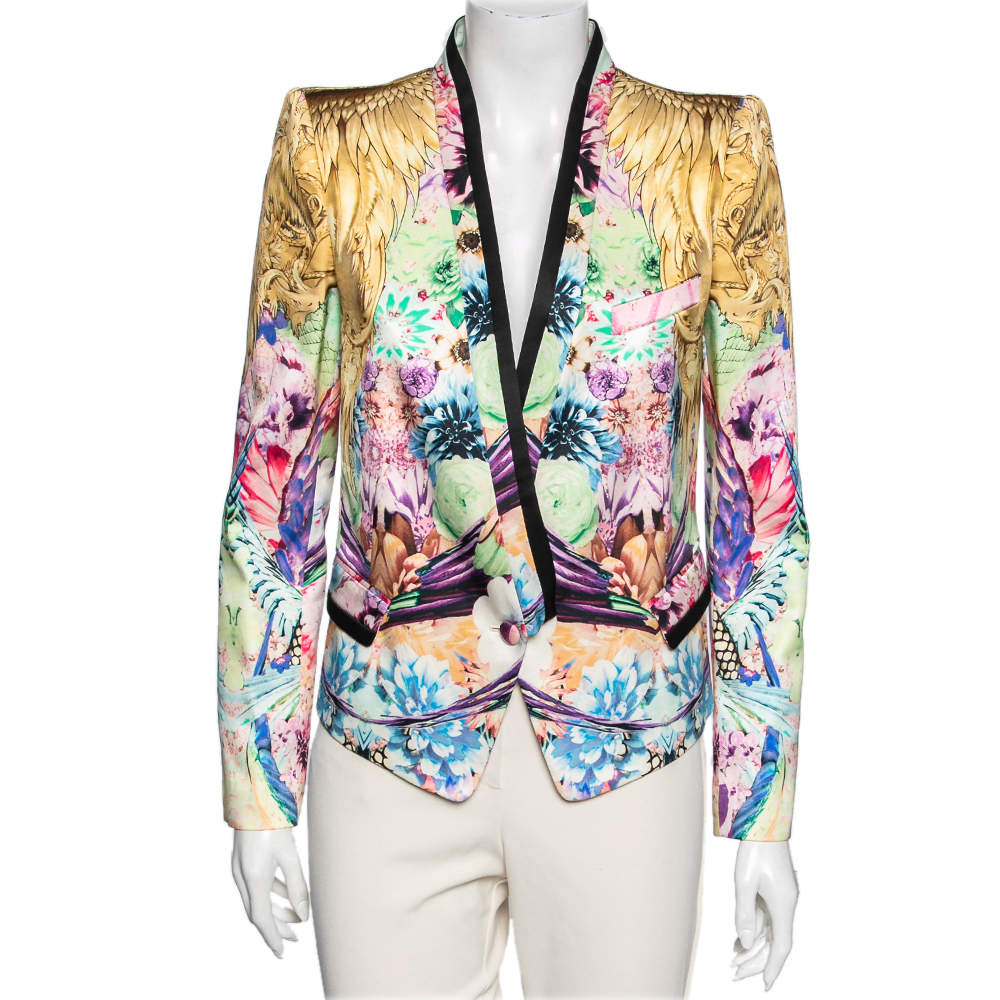 Pre Owned Roberto Cavalli Multicolor Printed Silk Button Front Blazer Jacket M