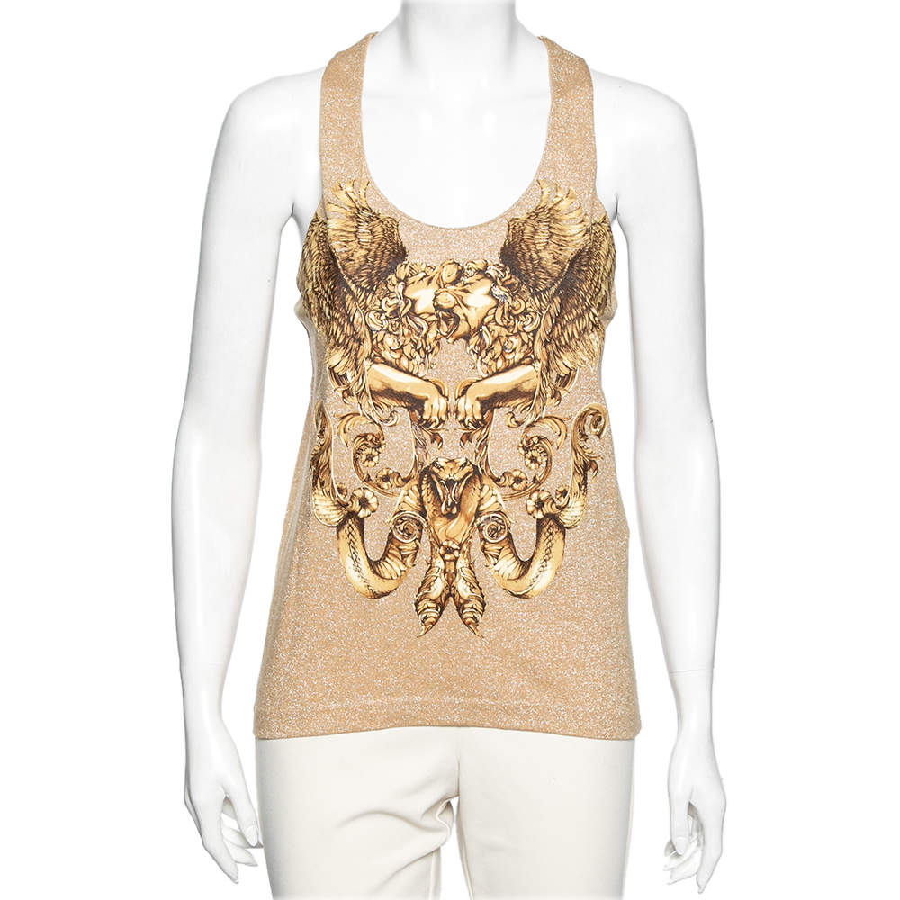 Pre Owned Roberto Cavalli Gold Printed Lurex Knit Racer Back Tank Top M 